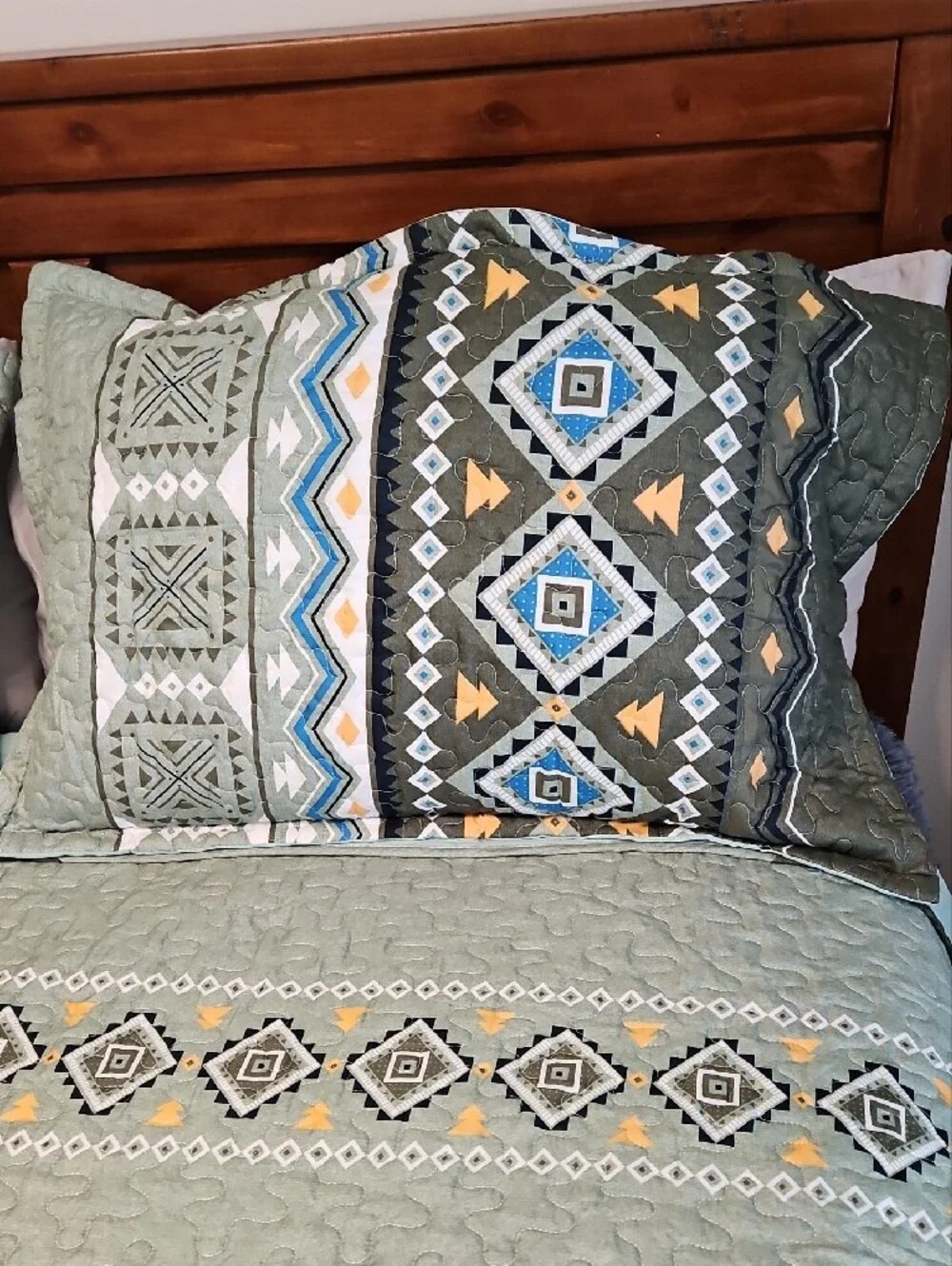 Quilted Bedspread Set in Sage Green and Gray Green with Blue and Yellow Accents